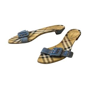 Burberry Blue Suede Low Heel Strap Slide Sandal, Nova Check Sock, 36.5EU