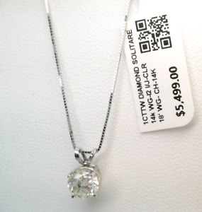 $5500 1CTTW GENUINE Diamond SOLITAIRE PENDANT NECKLACE 14k WHITE Gold SOLID! 18'