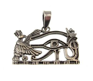 Solid 925 Sterling Silver Egyptian EYE OF HORUS Pendant, Falcon & Cobra Amulet