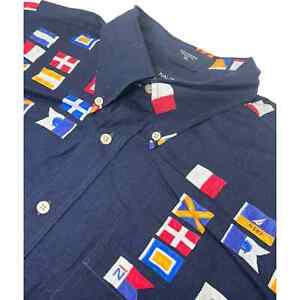 Nautica Men’s XL Button Down Shirt Casual Flags All Over Print Blue Nautical