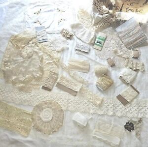 Antique ? Vintage Lot Large Box 7 Lace Trim Embroidery Doily Dress Fancy Crafts