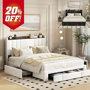 New ListingBed Frame with 4 Storage Drawers and Charging Station,Upholstered PU Modern 2024