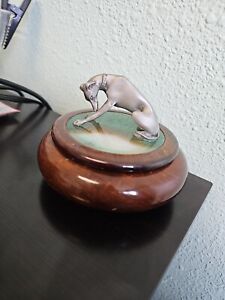 Hand Carved Brazil Wooden Metal Grey Hound Dog Emerald Trinket Box