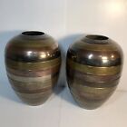 Vintage MCM Vases Striped Brass Copper & Silverplate 8 inch Rare Heavy Pair of 2