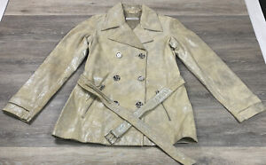 MICHAEL KORS Beige Metallic Gold Leather Double Breasted Belted Trench Coat Sz 4