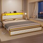 Queen Bed Frame with LED Lights Faux Leather Upholstered Platform Bed White