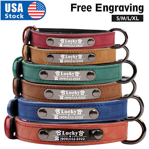 Soft Leather Personalized Dog Collar Engrave ID Name Custom for Small Large Dogs