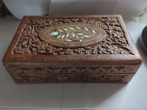 Vintage Hand Carved Wood Box Jewelry Trinket Keepsake Box Made in India 8