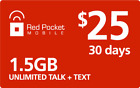 RED POCKET WIRELESS  Prepaid $25 Refill Top-Up PIN Card , AIR TIME RECHARGE