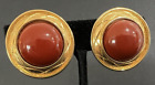 Vintage MONET Gold Tone Round Burnt Orange Cabochon  Clip-on Earrings Signed