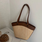 Handwoven Straw Bag Soft Weave Tote Bag Shoulder Bag with Faux Leather Trim
