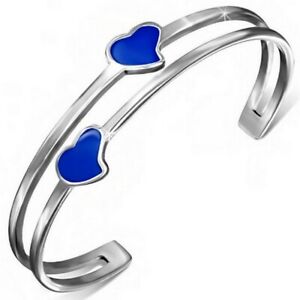 Stainless Steel Silver-Tone Blue Enamel Love Heart Open End Bangle Bracelet