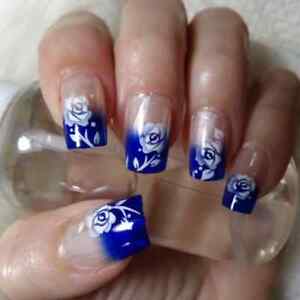 Broadway for Kiss Blue French w/ White Roses GLUE ON Nails Medium