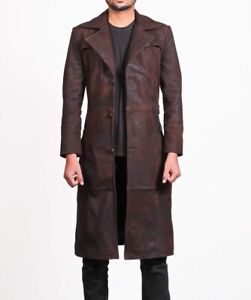 Mens Dark Snuff Leather Trench Coat for Men Long Jacket Vintage Coat.