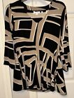 Chicos Travelers Top 0 Size 4 Sm Black Tan White Abstract 3/4 Sleeve V Neck