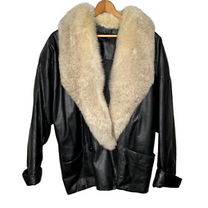 Vintage Womans L Oversized Leather Blue Fox FUR Coat Slouchy Jacket Black White