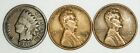 Indian Head Cent Penny + 2 Bonus Lincoln Wheat Cents - 3 coin lot