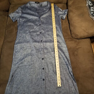 Theory Chambray Shirt Dress Womens 8 Blue Denim Linen Button Up Roll Tab Sleeve