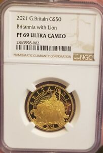 2021 UK Britannia with Lion £50 1/2oz Gold Proof Coin NGC PF69 UC 