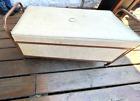 MID CENTURY MODERN TAN STORAGE CHEST AND COPPER COLORED STAND 30