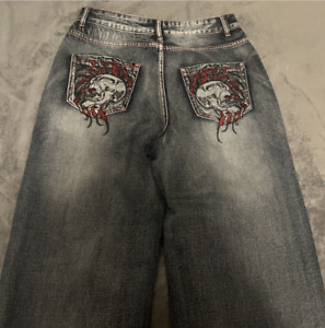 JNCO Style Skull Flames embroidery baggy Y2K Grunge Jeans Affliction Flames Wide