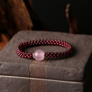 Natural Rose Quartz Garnet Handmade Women Round Beads Healing Reiki Bracelet