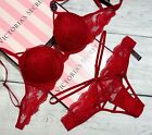Victoria's Secret Bombshell add 2 cups Fishnet Push Up Bra Brazilian Set Red