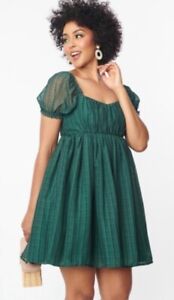 NWT L 10/12 Unique Vintage Emerald Plaid Chiffon Bella Babydoll Dress
