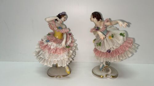 VTG Dresden Lace Figurines Made in Germany Lady Ballerina White/Pink Dress