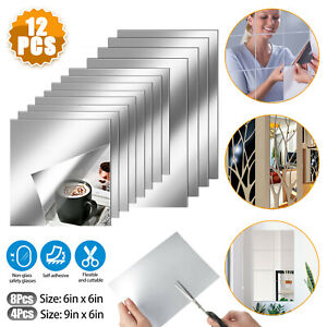 12PCS Self Adhesive Mirror Reflective Wall Sticker Film Paper Home Kitchen Decor