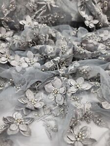 Fabric by the Yard Silver Beaded Lace 3d Floral Embroidery Prom Quinceañera Dres