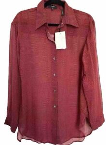 Theory Red/Black Weekender Dot Chiffon Silk Long Sleeve Button Blouse Small