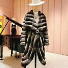 Women Chinchilla Full Pelt Real Rex Rabbit Fur Coat Large Lapel Stripe Overcoat
