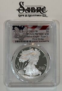New Listing2021 W PROOF Silver American Eagle Type 1 PCGS PR70 DCAM First Strike Flag Label