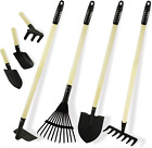 7PCS Kids Gardening Tools, Long Shovel, Rake for Leaves, Spade, Hoe, Steel Heads