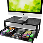 Metal Monitor Stand Riser & Computer Desk Organizer w/ Drawer for Laptop - Black