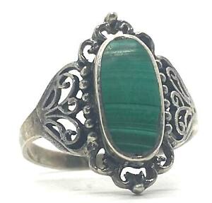 Old Pawn Navajo Malachite & Sterling Silver Ring Vintage Unpolished Size 8