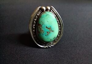 VTG NATIVE AMERICAN NAVAJO OLD PAWN LARGE TURQUOISE STERLING SILVER RING SIZE 9