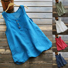 Vintage Solid Women Casual Summer Linen Tops Tee Sleeveless Loose Vest Blouse