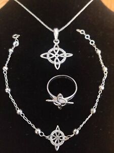 sterling silver set nudo de bruja plata 925MX  cadena dije pulso y anillo
