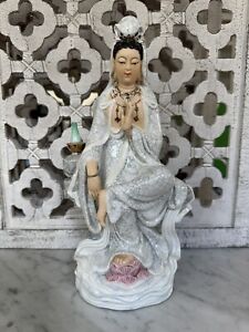 Vintage Porcelain Gilt Kwan-yin Guan Yin Bottle Statue 12” Marked China