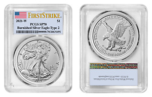 2021 W $1 Burnished Silver Eagle Type 2 PCGS SP70 First Strike Flag Label