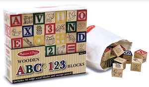 Melissa & Doug 50 Classic Solid Wood Building Blocks w/Pictures Letters Numbers