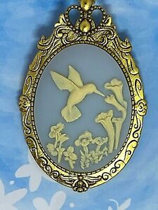 Hummingbird White Blue Cameo Gold Pendant Necklace Brooch Mom Sister Gift EASTER