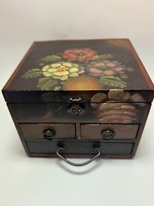 Vintage Wooden Square Jewelry Storage Box Original Old Hand Crafted Painted Rare