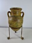 Amphora Pottery Vase Urn On Metal Stand 10.5” Tall Primitive Stoneware