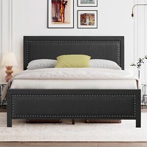 VECELO Twin Full Queen Size Bed Frame Metal Platform with Upholstered Headboard