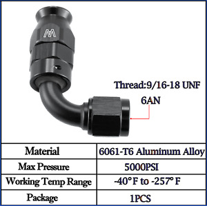 Black Aluminum 6AN 90 degree Hose End / PTFE / Swivel 6 AN Fitting -6AN