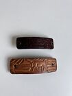 2 VINTAGE BROWN TOOLED HAIR CLIPS BARRETTES ACCESSORY ~ HORSES ~ Made In Korea