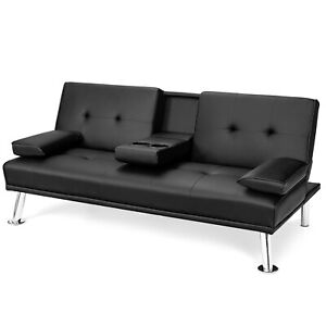 Costway Convertible Folding Futon Sofa Bed Leather w/ 2 Hidden Cup Holders Black